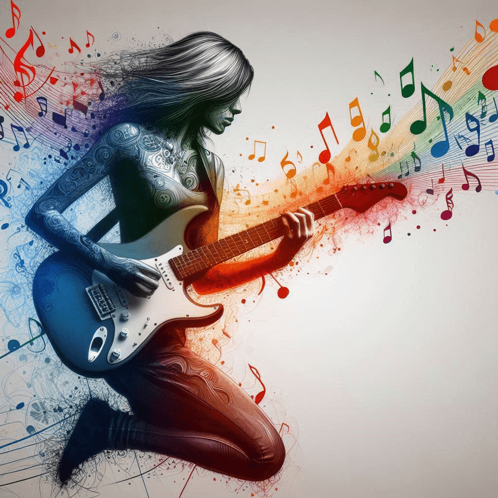 girl playing guitar with rainbow notes