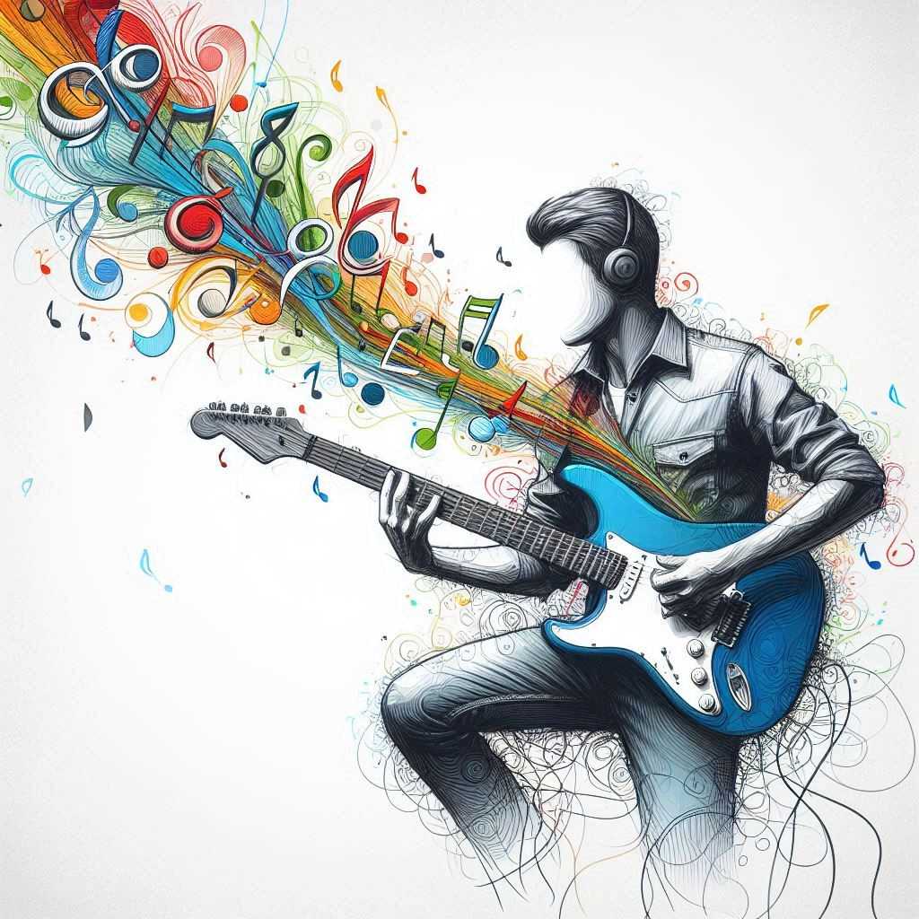 guy playing guitar with rainbow notes
